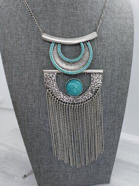 Silver Tone Necklace With Turquoise Color Stone & Beads Chain Tassel